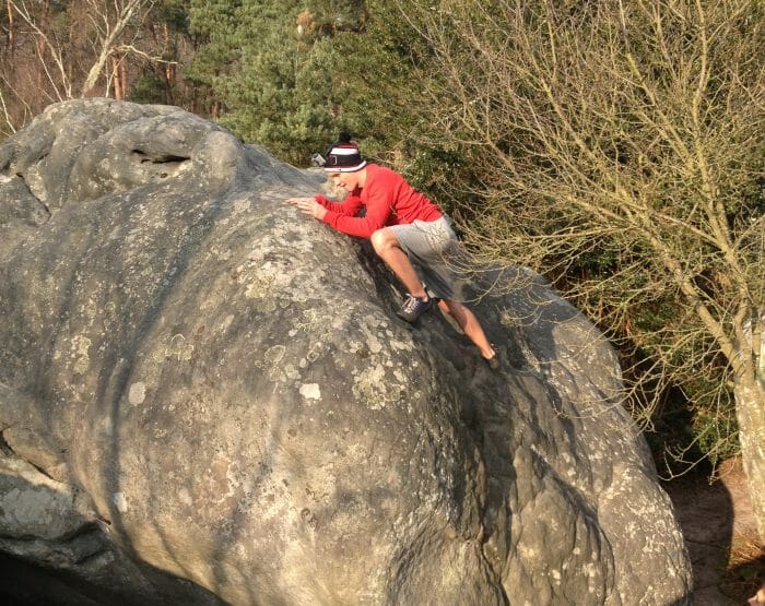 Benoit varape au Rocher Canon de Fontainebleau .JPG Dans le cadre « Les défis de Benoit » ce dernier est venu se mesurer à la pratique de l’escalade, et ce, avec succès !